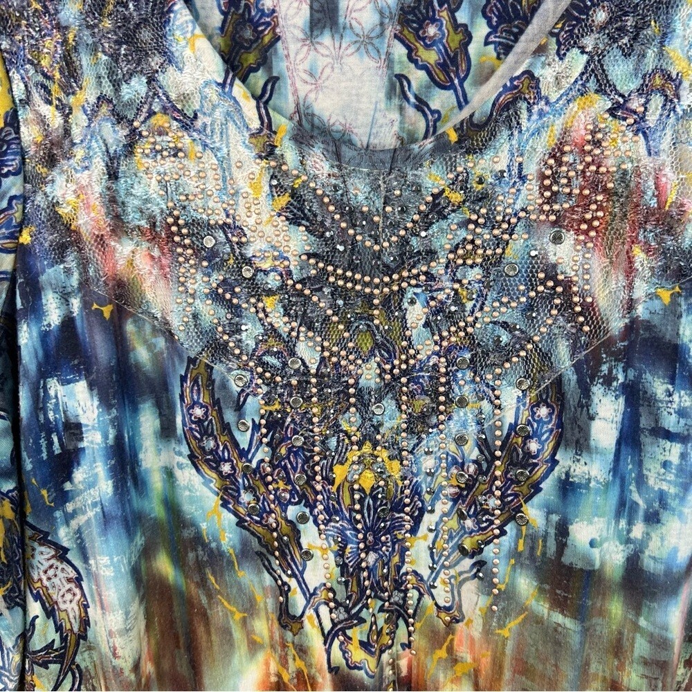 ONE WORLD dress assymetrical hem fairy rhinestone Embellishments tie dye floral - Picture 10 of 15